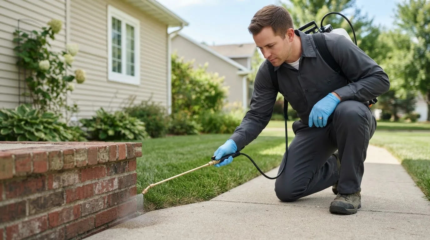 Pest control technician treating a home near Cleveland Heights, OH